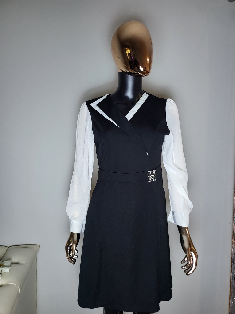 Black & White Long-Sleeve Wrap Dress